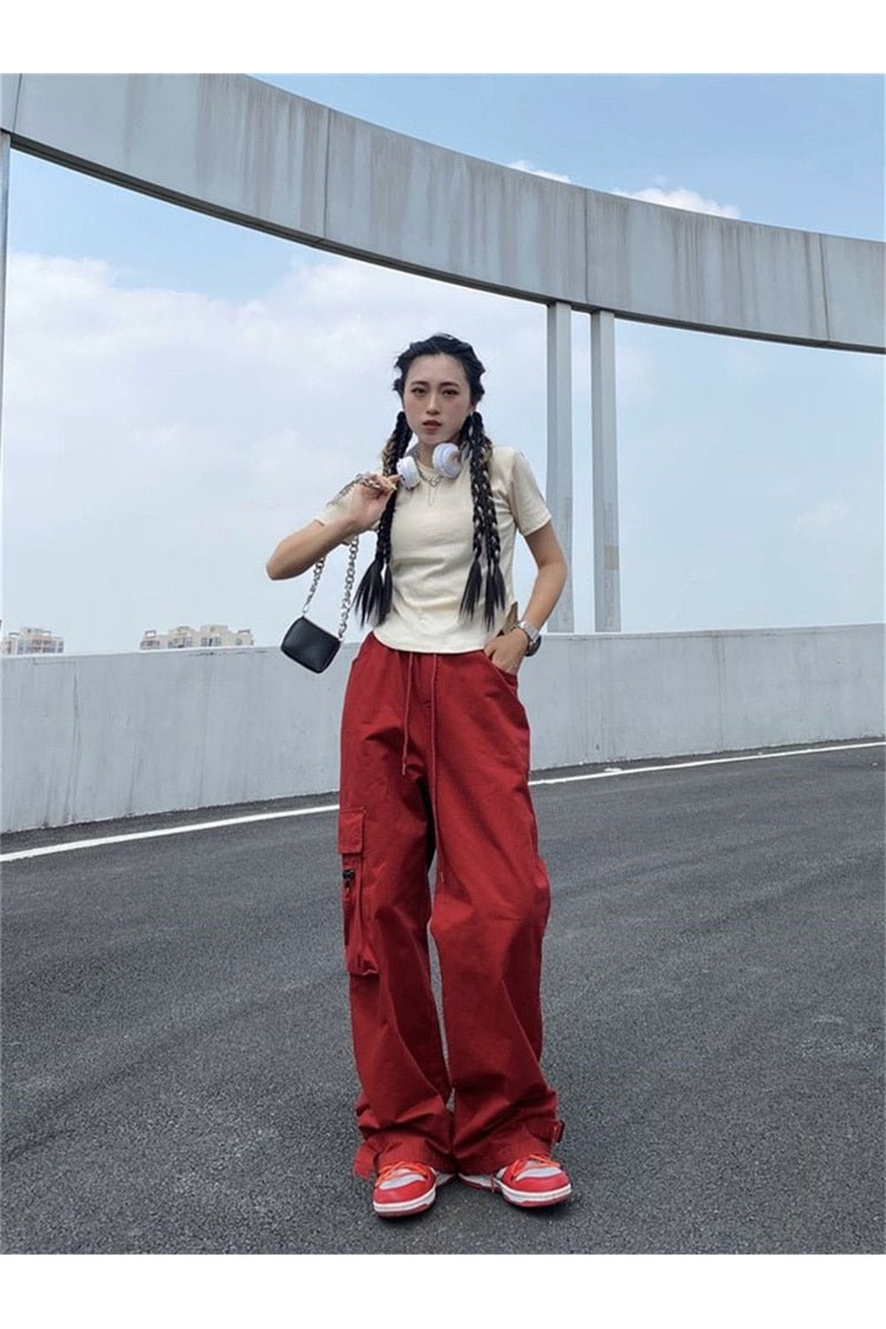 Red Cargo Wide Leg Pants Shoptery