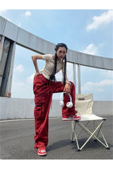 Red Cargo Wide Leg Pants Shoptery