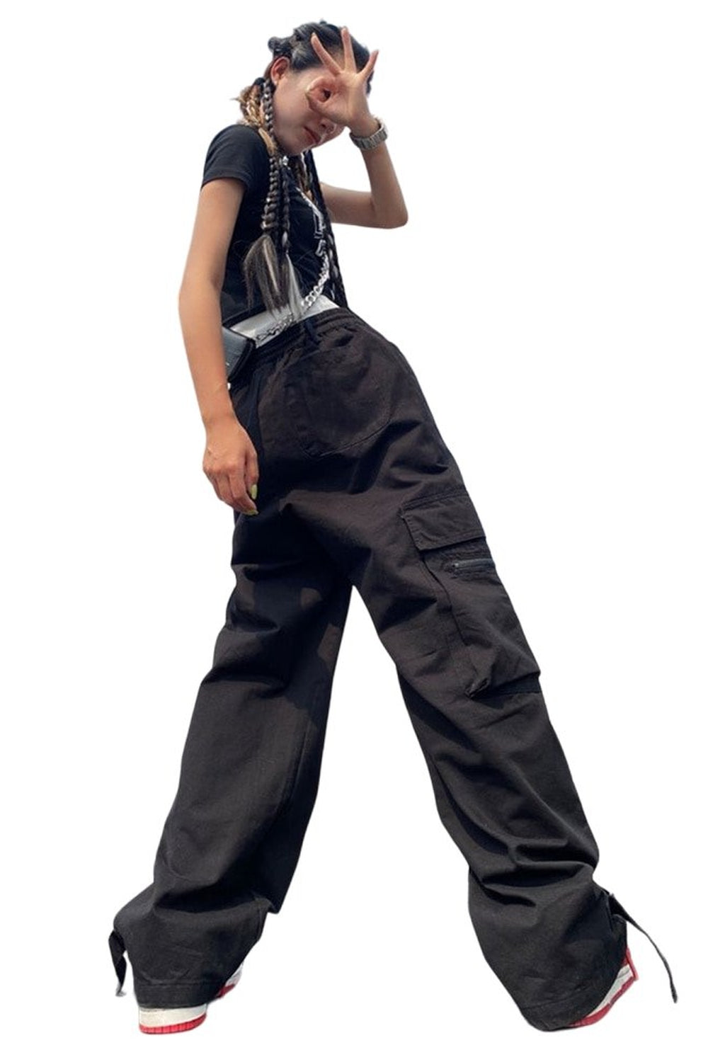 Red Cargo Wide Leg Pants Black Shoptery