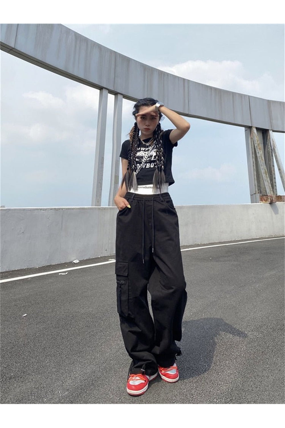 Red Cargo Wide Leg Pants Shoptery