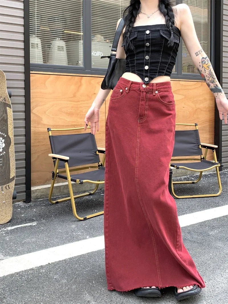 Red Denim Elegance Floor-Length Skirt -