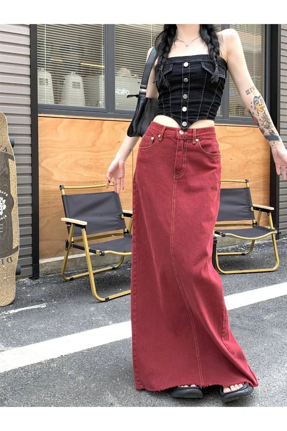 Red Denim Elegance Floor-Length Skirt -