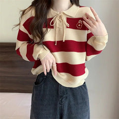 Retro Red Doll Collar Knit Sweater PDD 2697 hong 40-62kg can wear Shoptery