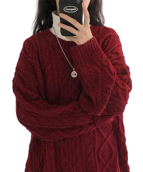Red Twist Knit Preppy Sweater -