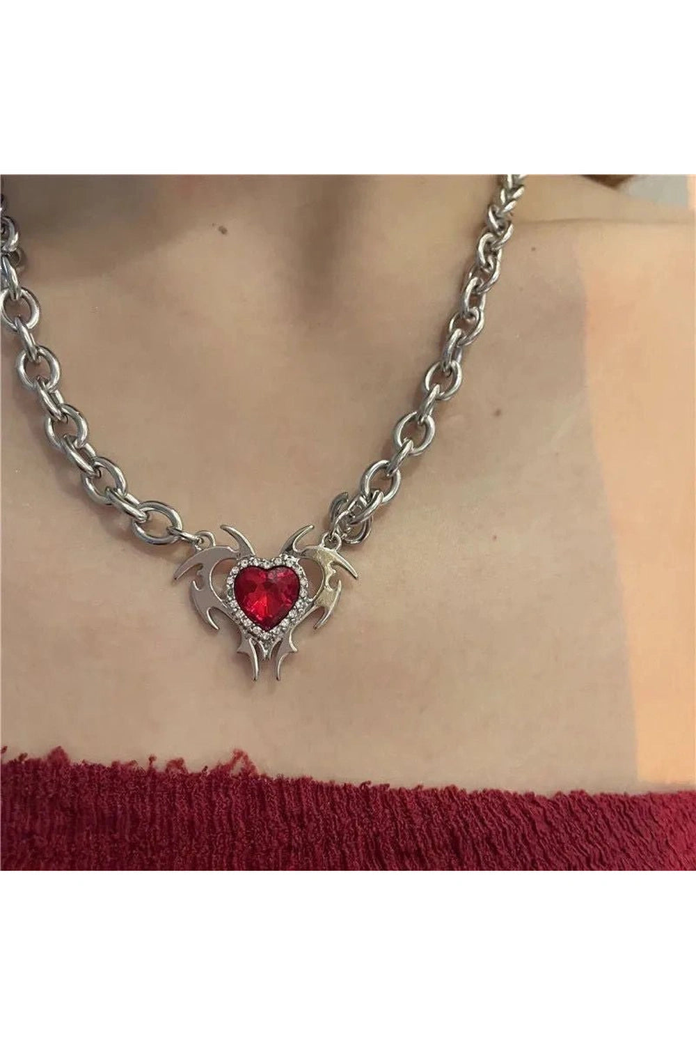 Red Zircon Love Thick Chain Necklace -