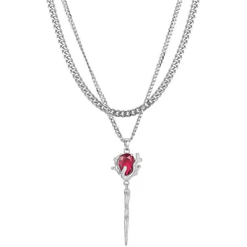 Red Zircon Rose Layered Necklace -