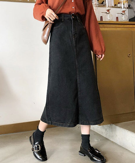 Retro Fashion Long black denim skirt - Skirts