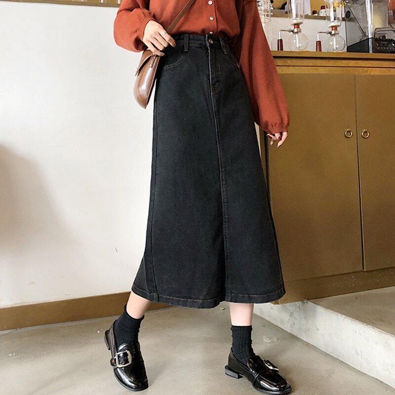 Retro Fashion Long black denim skirt - Skirts