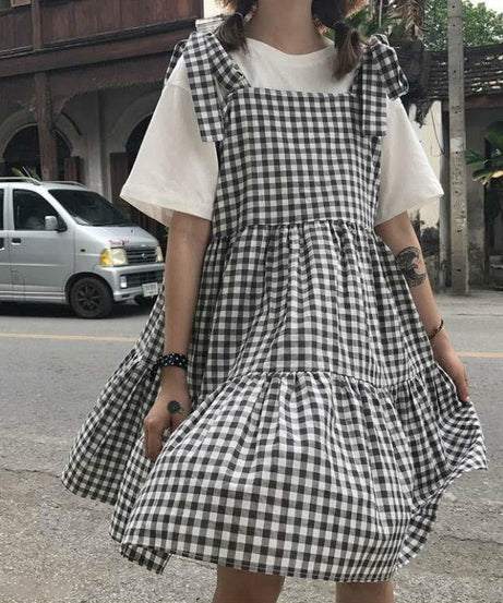 Retro Kawaii Sleeveless Elegant Plaid Dress - Dresses