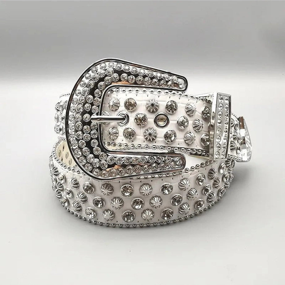 Rhinestone Rivet Denim Y2K Style Belt WHITE 110cm Shoptery