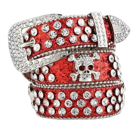 Alt Rhinestone Skull Rivet Belt Red 100cm Shoptery