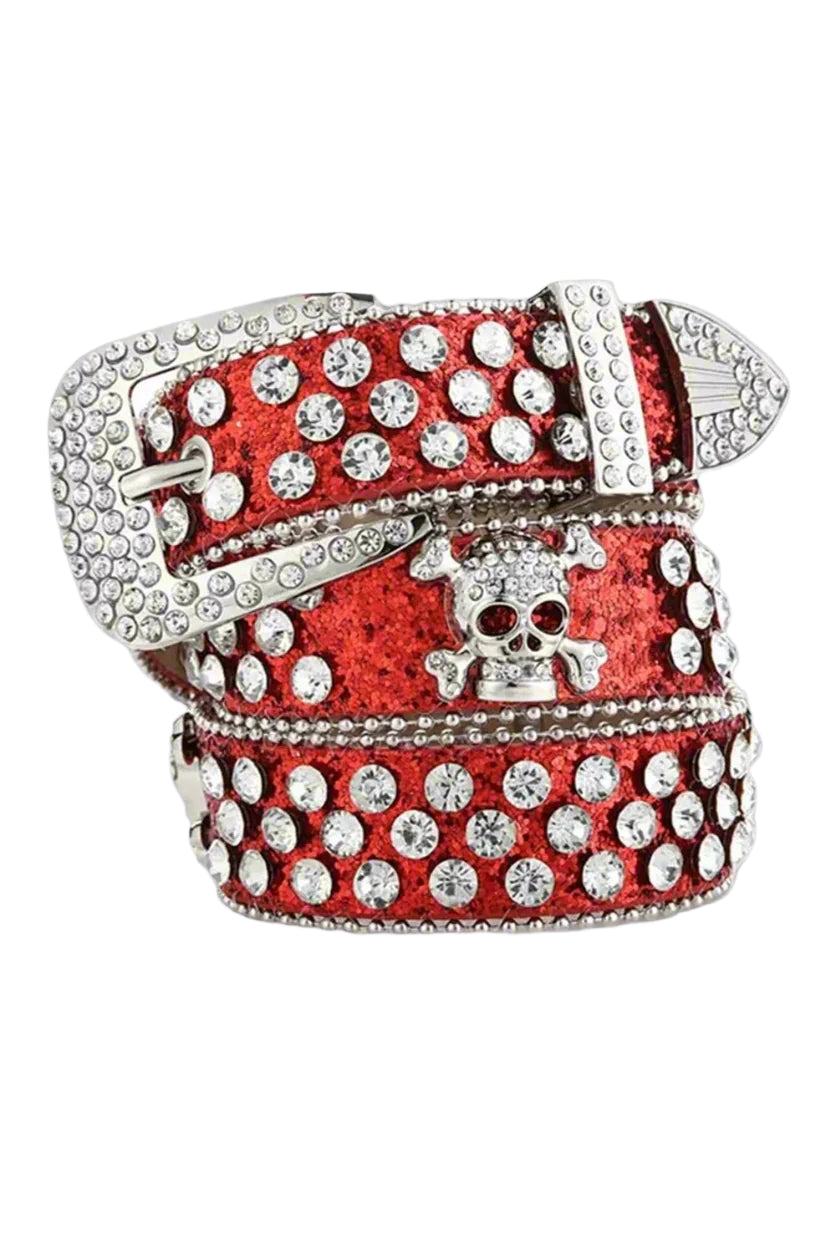 Alt Rhinestone Skull Rivet Belt Red 100cm Shoptery