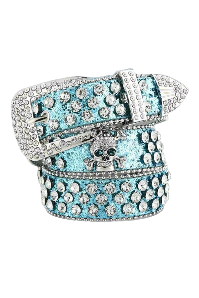 Alt Rhinestone Skull Rivet Belt Blue 100cm Shoptery
