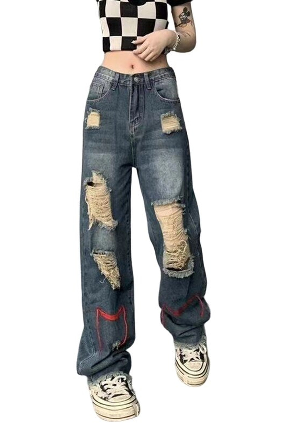 Fall Ripped High Waist Baggy Jeans Shoptery