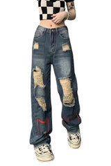 Fall Ripped High Waist Baggy Jeans Shoptery