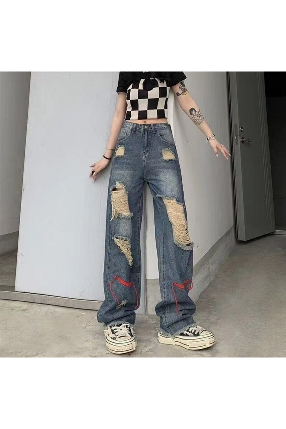 Fall Ripped High Waist Baggy Jeans Shoptery