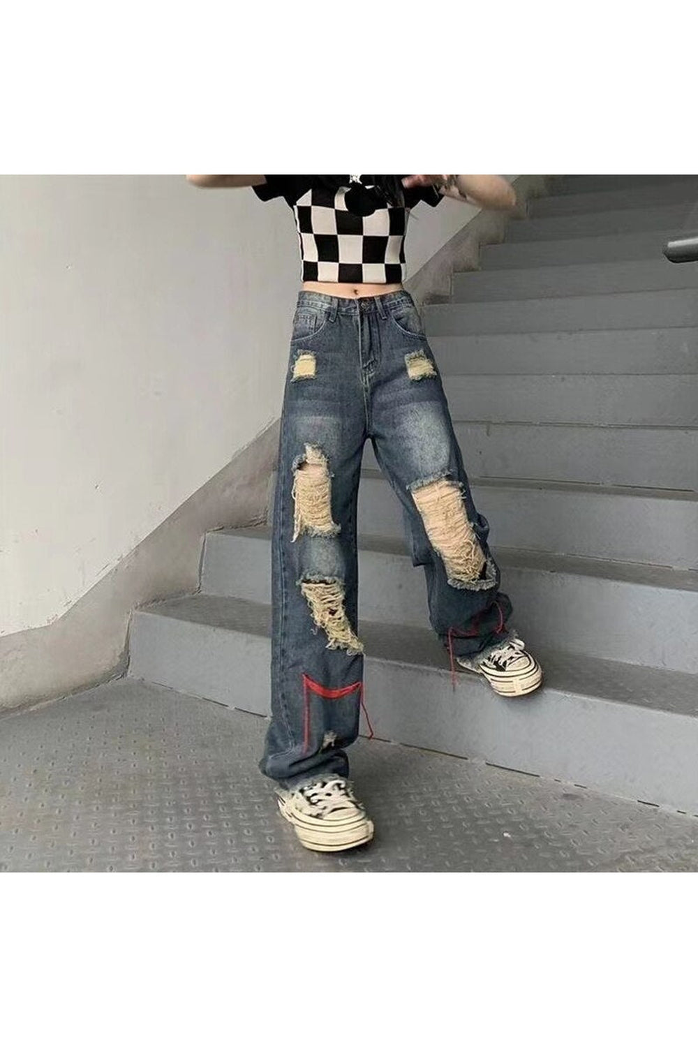 Fall Ripped High Waist Baggy Jeans Shoptery