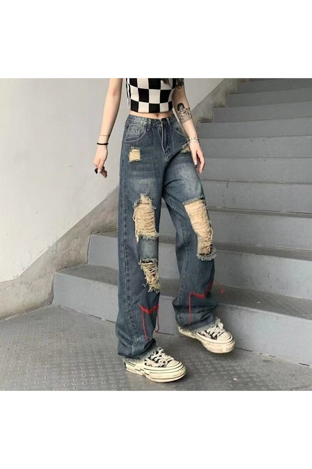 Fall Ripped High Waist Baggy Jeans Shoptery