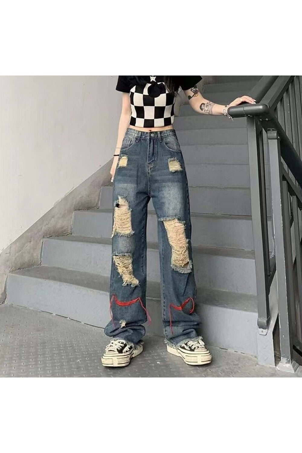 Fall Ripped High Waist Baggy Jeans Shoptery