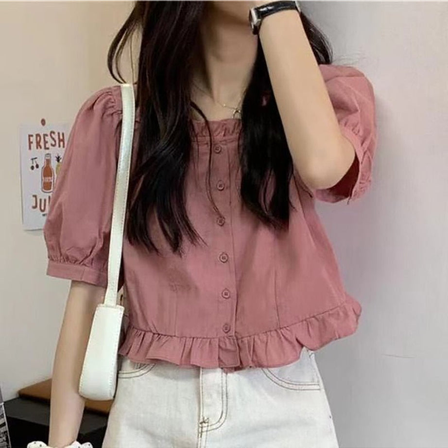 Retro Ruffles Cute Button Up Blouse Pink Shoptery