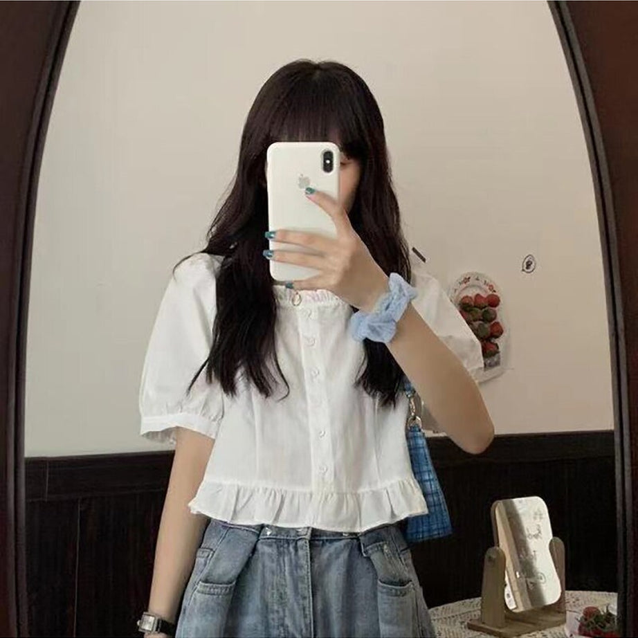 Retro Ruffles Cute Button Up Blouse Shoptery