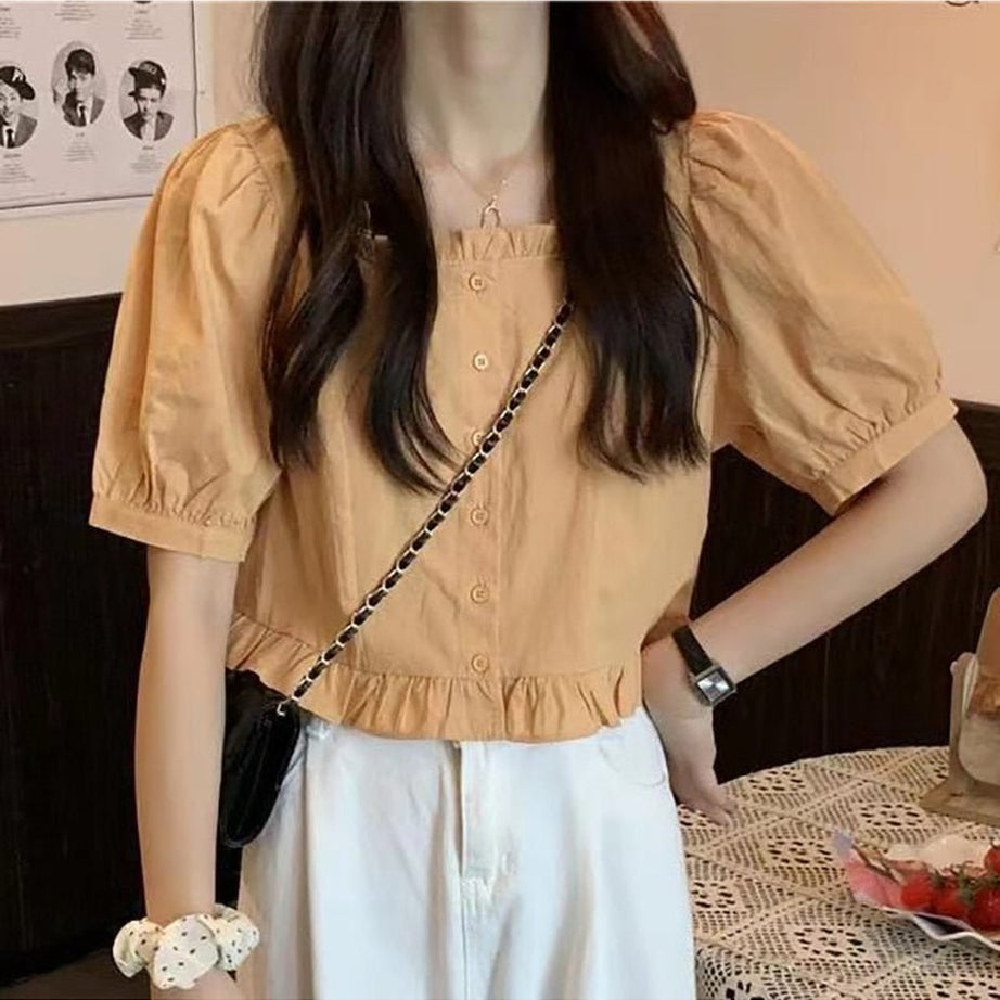 Retro Ruffles Cute Button Up Blouse Yellow Shoptery