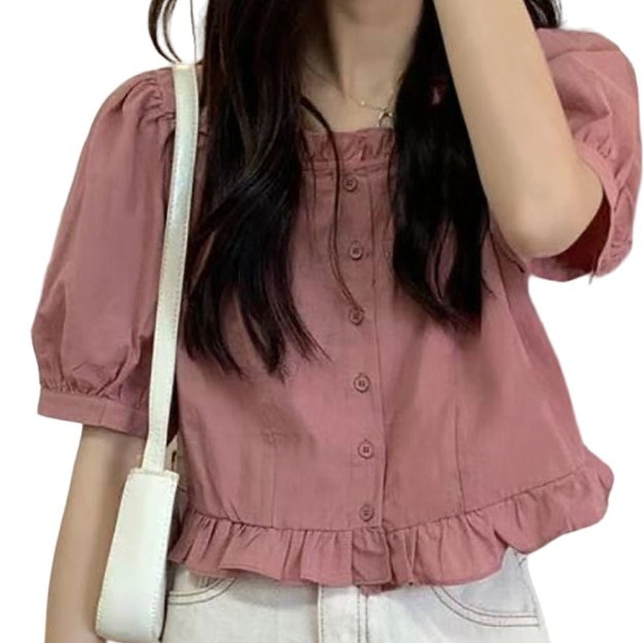 Retro Ruffles Cute Button Up Blouse Shoptery