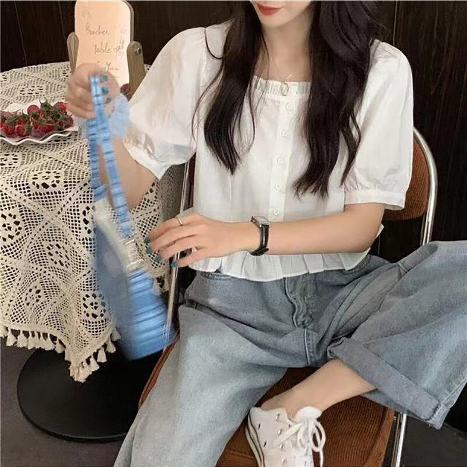 Retro Ruffles Cute Button Up Blouse Shoptery