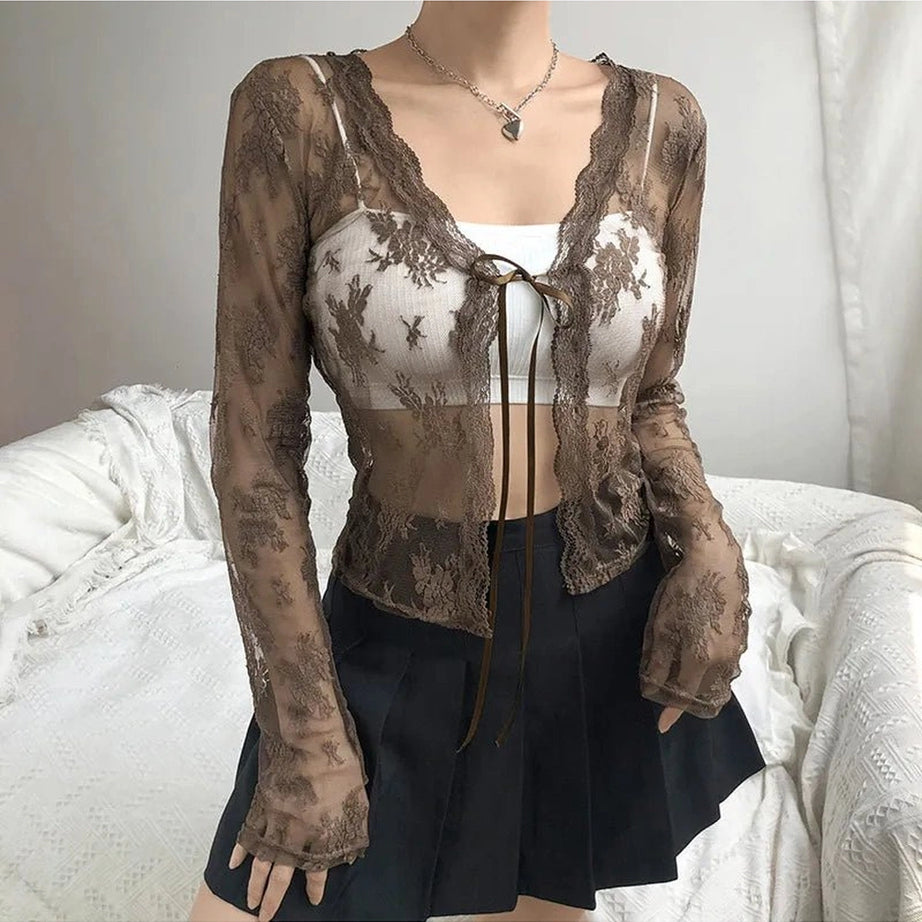Coquette See-Through Lace Floral Cardigan Shoptery