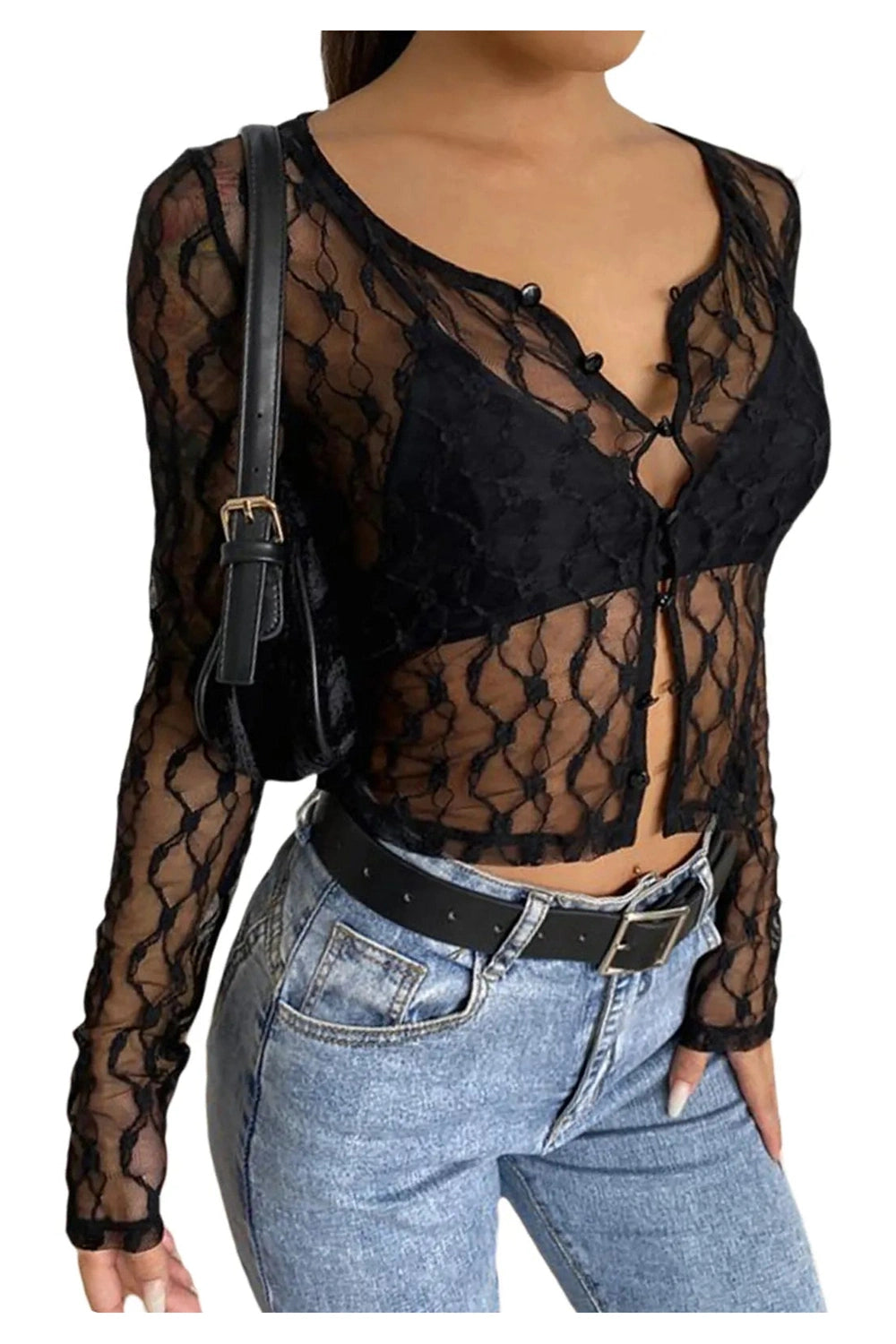 Coquette See-Through Lace Floral Cardigan B-Black Shoptery