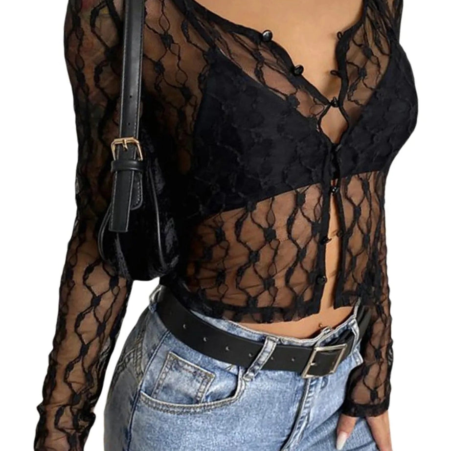Coquette See-Through Lace Floral Cardigan B-Black Shoptery
