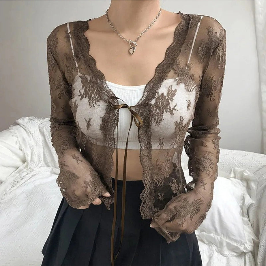 Coquette See-Through Lace Floral Cardigan Shoptery