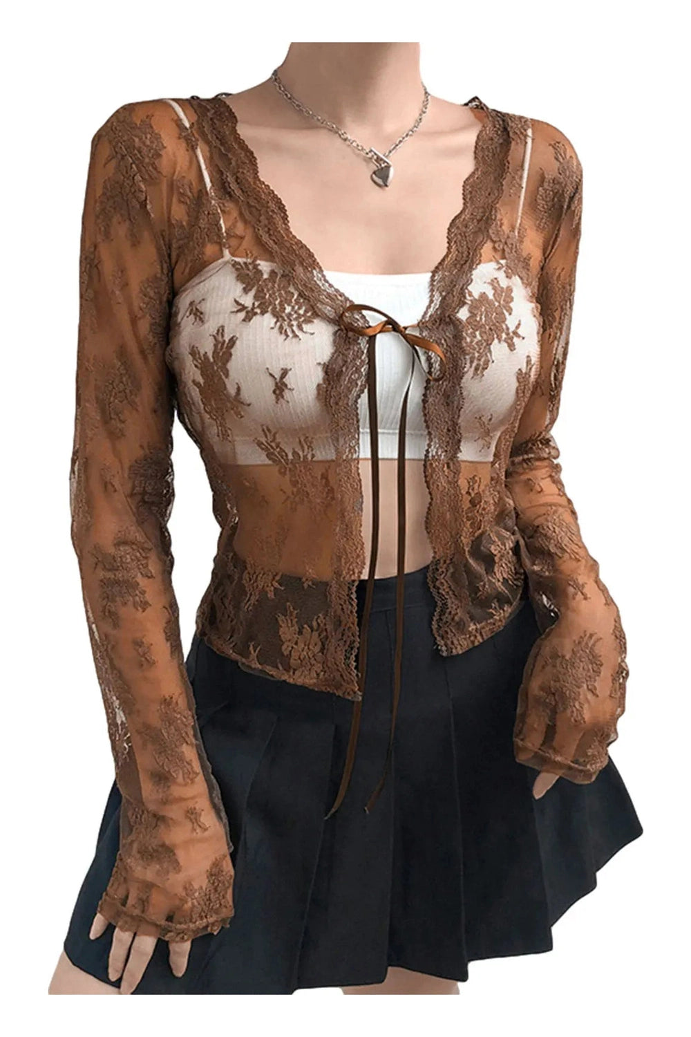 Coquette See-Through Lace Floral Cardigan A-Brown Shoptery