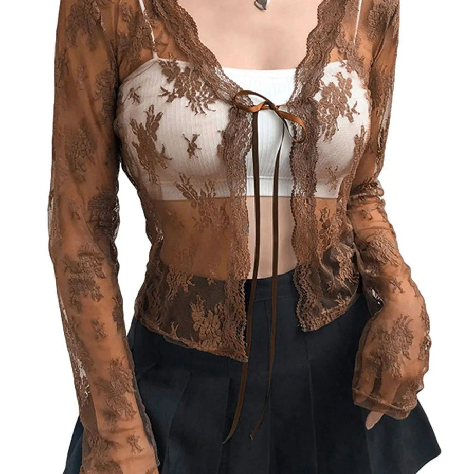 Coquette See-Through Lace Floral Cardigan A-Brown Shoptery