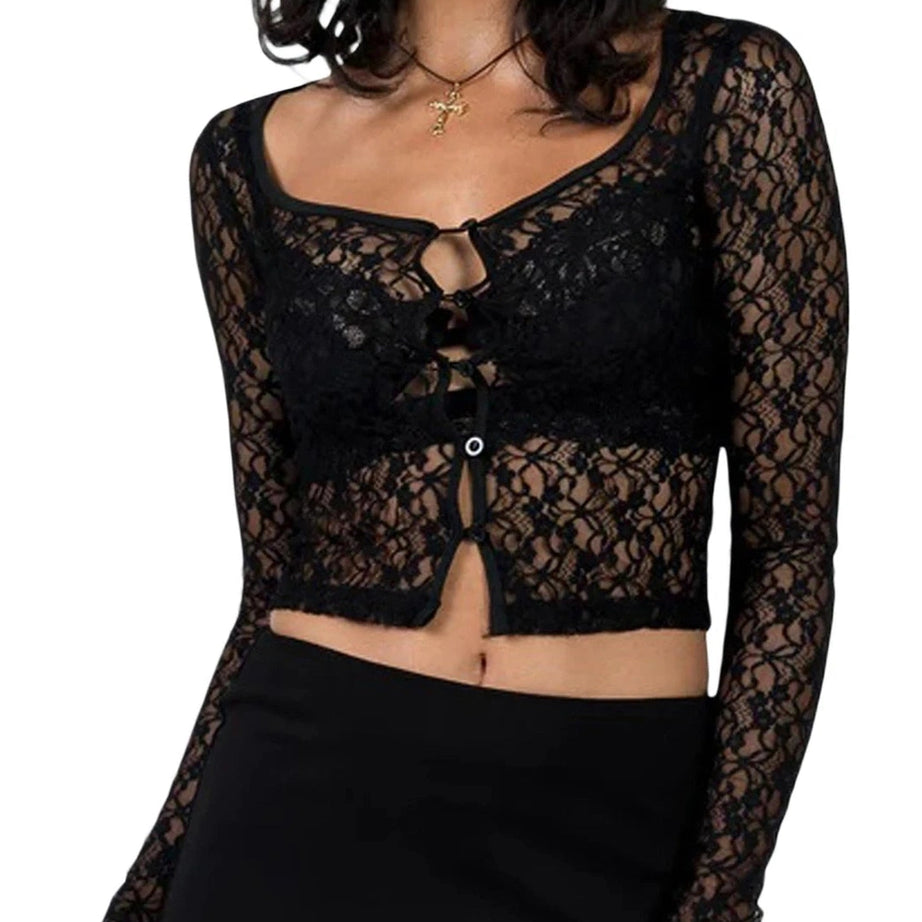 Coquette See-Through Lace Floral Cardigan D-Black Shoptery
