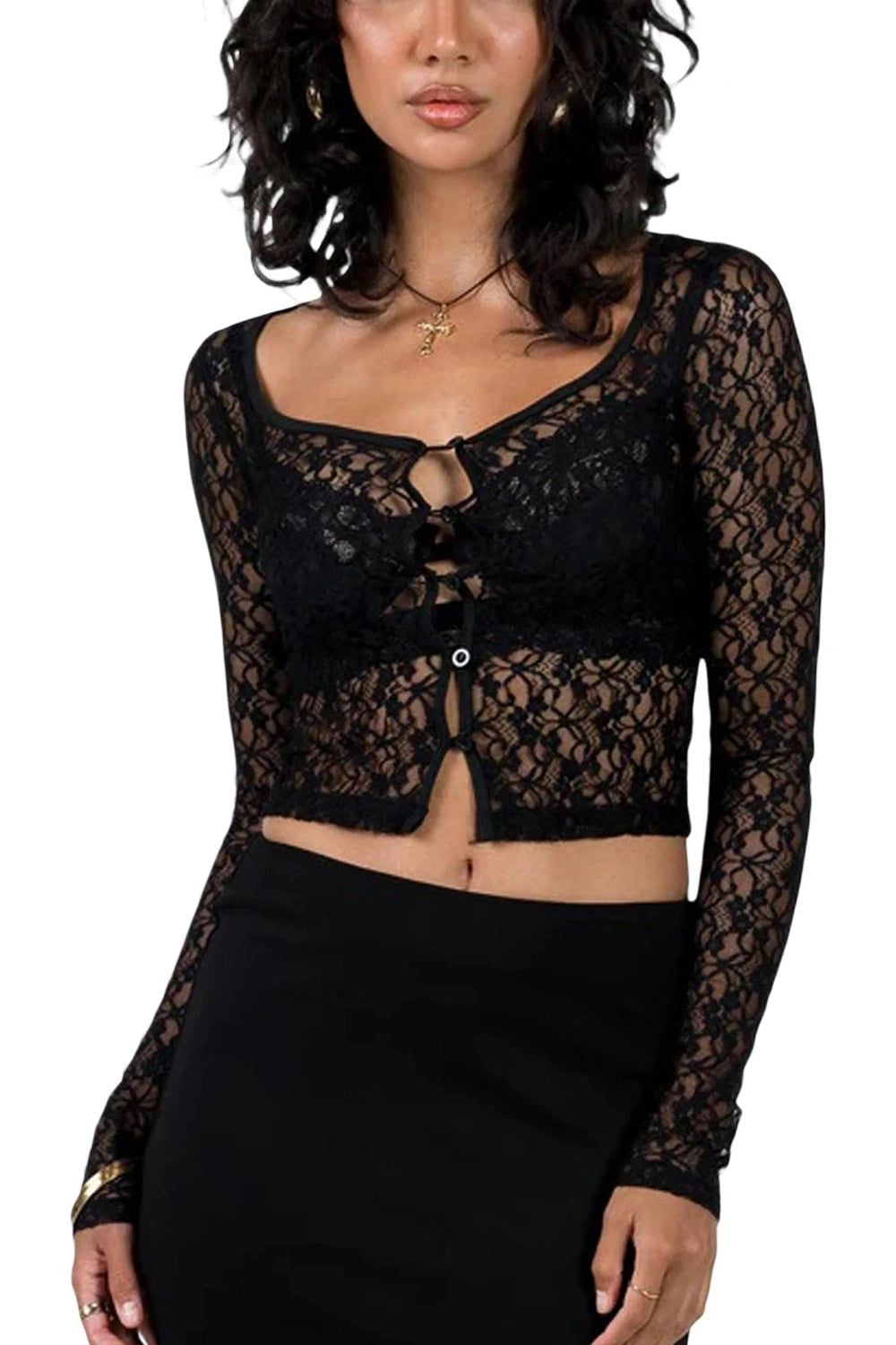 Coquette See-Through Lace Floral Cardigan D-Black Shoptery