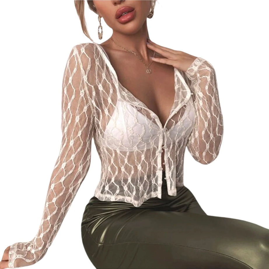 Coquette See-Through Lace Floral Cardigan B-White Shoptery