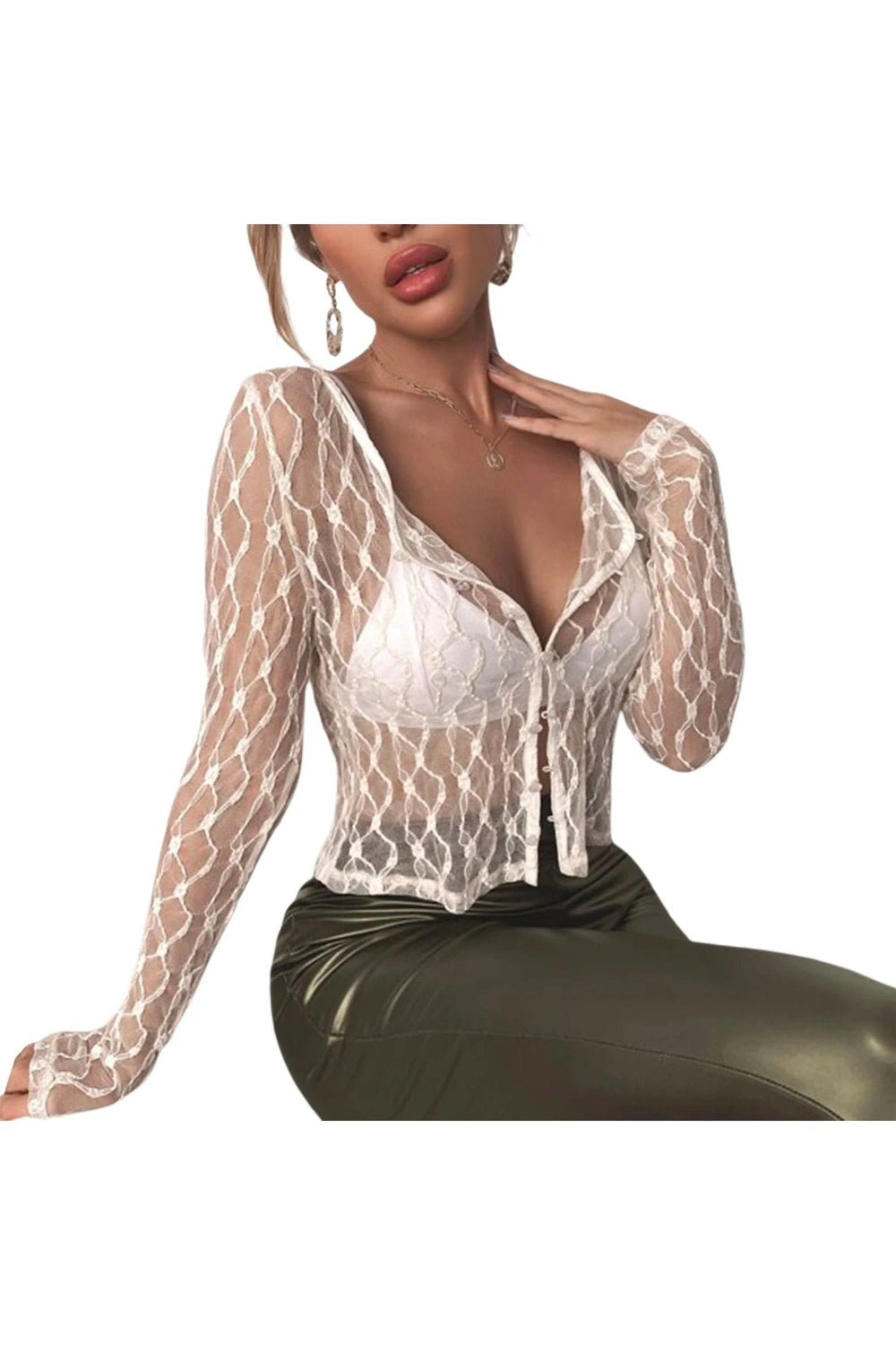 Coquette See-Through Lace Floral Cardigan B-White Shoptery