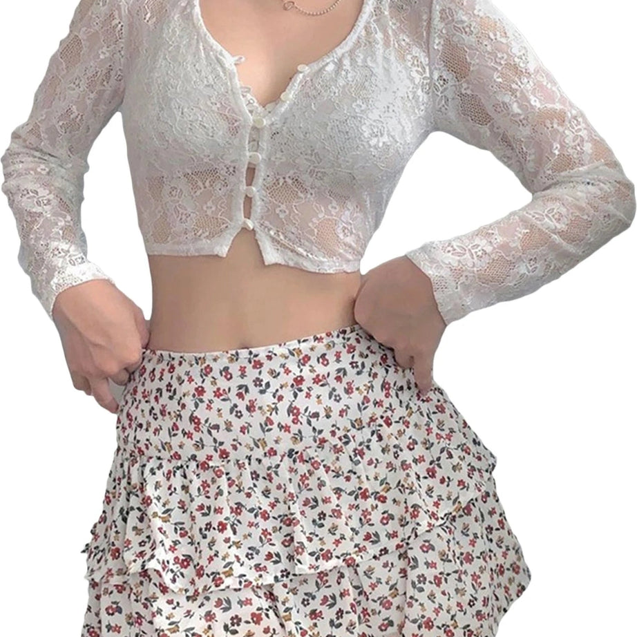 Coquette See-Through Lace Floral Cardigan C-White Shoptery
