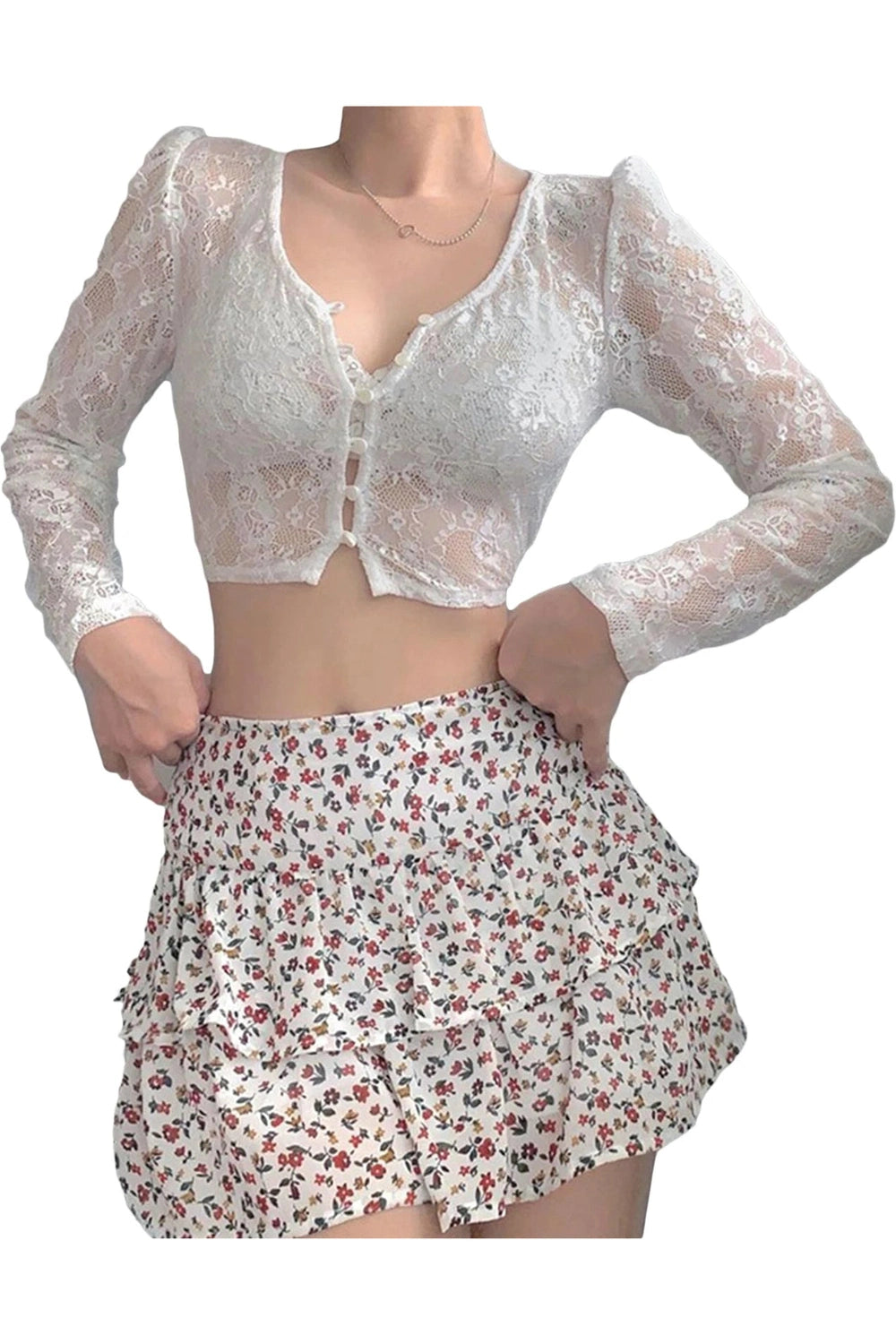 Coquette See-Through Lace Floral Cardigan C-White Shoptery