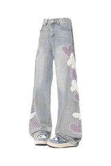 Kawaii Serenade of Hearts Wide-Leg Jeans Light Blue Shoptery