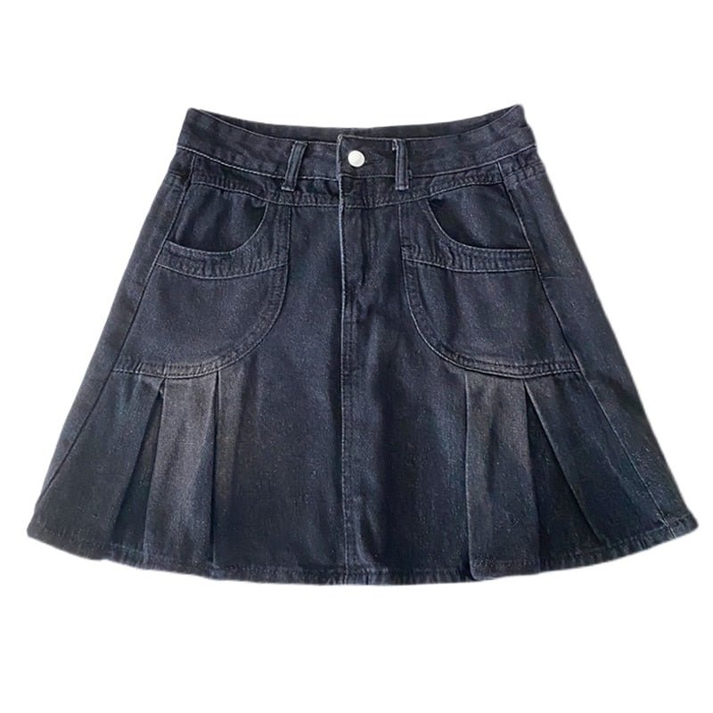 Side Pleated Mini Denim Skirt - Skirts