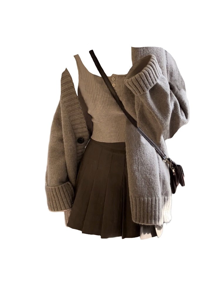 Single-Breasted Oversize Cardigan + Mini Pleated Skirt Set - Cardigans