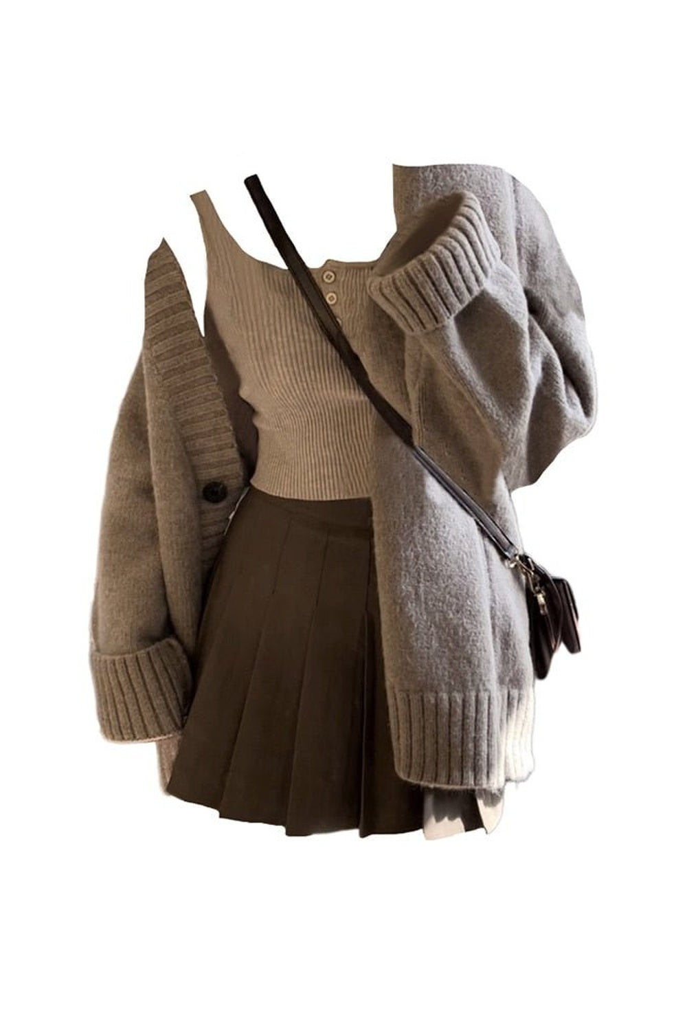 Single-Breasted Oversize Cardigan + Mini Pleated Skirt Set - Cardigans