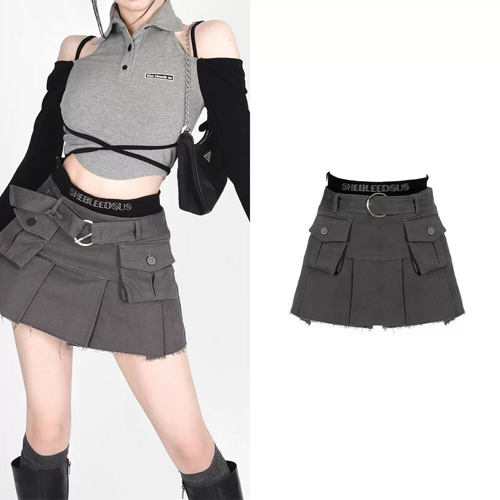 Solid Cargo Streetwear Mini Skirt - Skirts