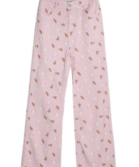 Spring Pink Bear Print Straight Jeans -