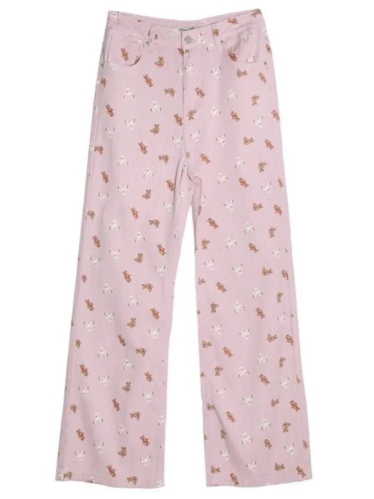 Spring Pink Bear Print Straight Jeans -