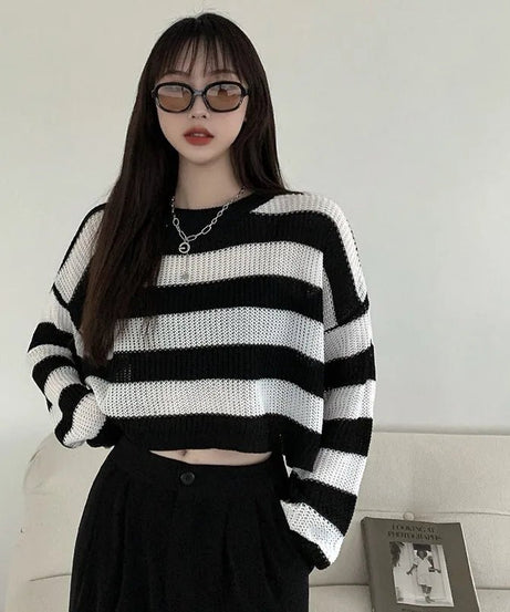 Spring Striped Cropped O-neck Sweater -