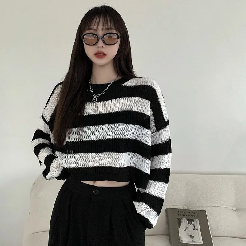 Spring Striped Cropped O-neck Sweater -