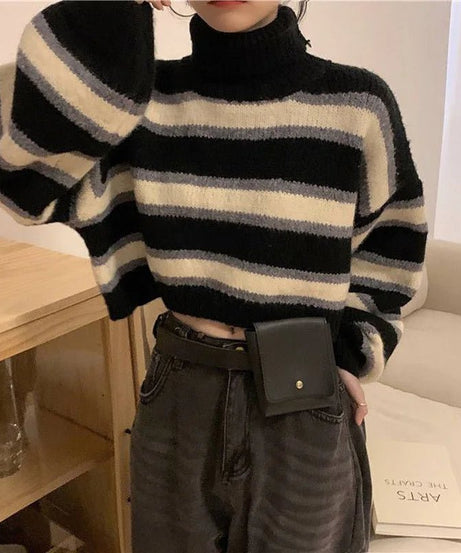 Spring Striped Turtleneck Crop Sweater -